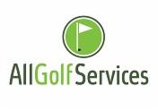 Logo firmy AllGolfServices z zielonym symbolem flagi golfowej w okręgu nad nazwą firmy.