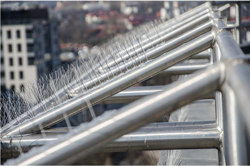 Metalowa konstrukcja zabezpieczona kolcami przeciw ptakom na tle miejskiego krajobrazu z budynkami.