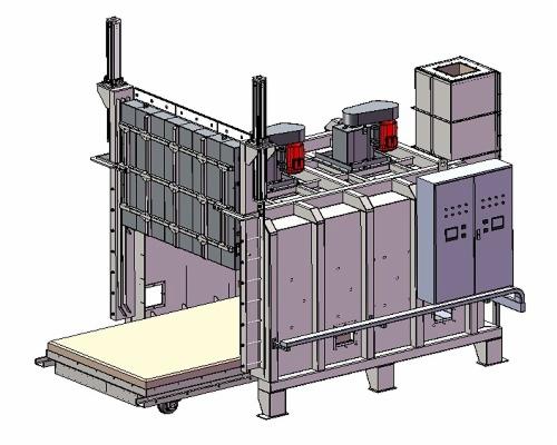 Techniczny rysunek 3D przemysłowej suszarki tunelowej z wysuwanym wózkiem, widoczne silniki z czerwonymi obudowami, szafa sterownicza i fragment konstrukcji nośnej.