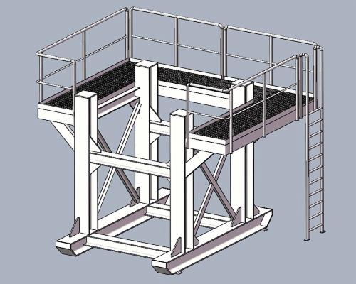 Wizualizacja 3D platformy roboczej z drabinką, stalowa konstrukcja wsporcza z kratownicami i barierkami ochronnymi.