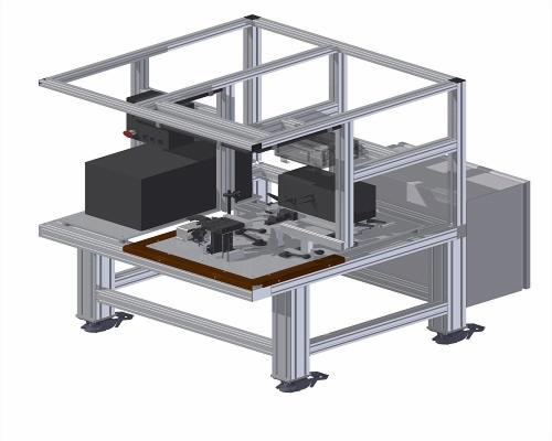 Model 3D stanowiska testowego z aluminiową ramą i elementami elektronicznymi, widok izometryczny.