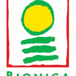 Logo firmy Bionica z żółtym kołem otoczonym zieloną obwódką, trzema zielonymi paskami i czerwoną ramką na białym tle.