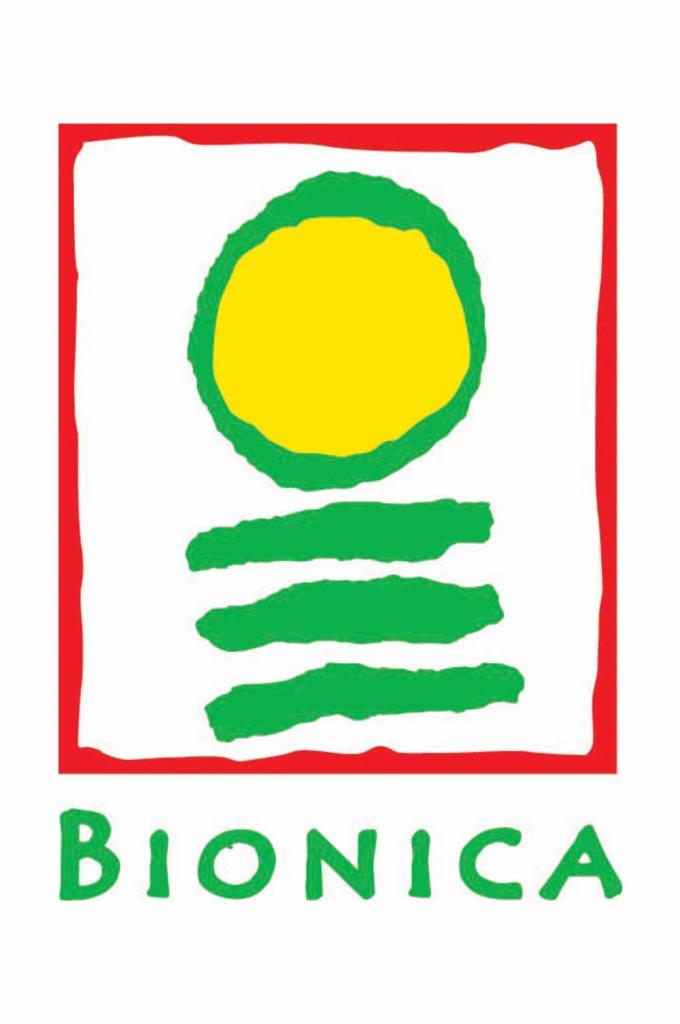 Logo firmy Bionica z żółtym kołem otoczonym zieloną obwódką, trzema zielonymi paskami i czerwoną ramką na białym tle.