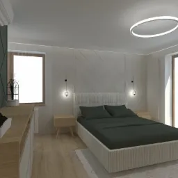 Nowoczesna sypialnia z łóżkiem kontynentalnym, geometryczną ścianą za wezgłowiem, okrągłą lampą sufitową i drewnianą komodą z dekoracjami.