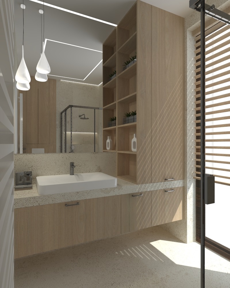 Nowoczesna łazienka z drewnianymi szafkami, białą umywalką i wiszącymi lampami w kształcie kropli, kabina prysznicowa w tle.