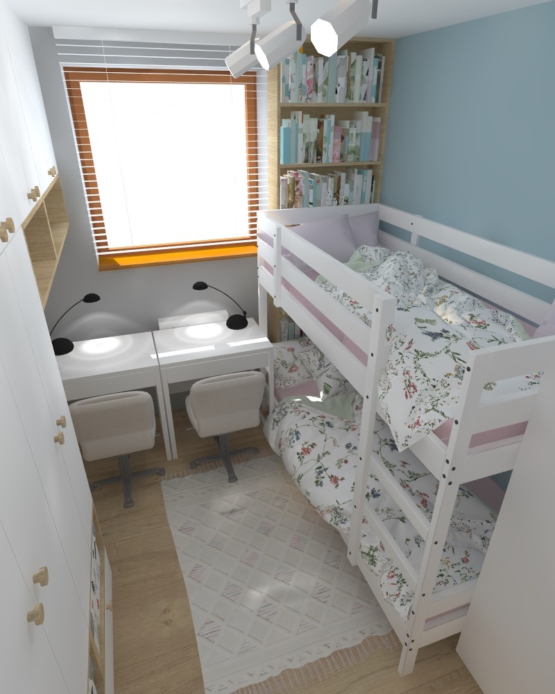 Pokój dziecięcy z łóżkiem piętrowym, dwoma biurkami z krzesłami, regałem z książkami i dywanem w geometryczne wzory, oświetlony światłem dziennym z okna.