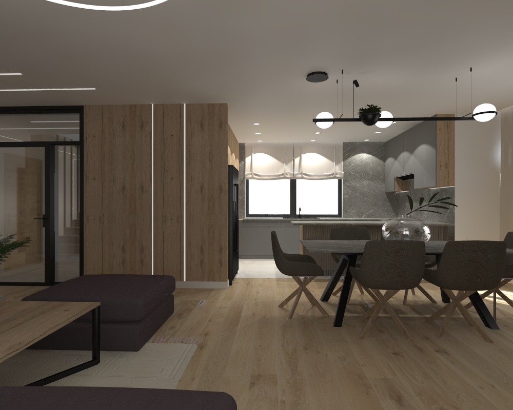 Wizualizacja wnętrza: salon z jadalnią i kuchnią w stylu nowoczesnym, drewniane panele ścienne z oświetleniem LED, stół jadalniany z szarymi krzesłami, okrągła lampa sufitowa, kuchnia z szarymi...