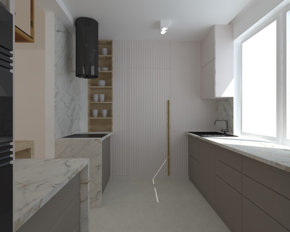 Wizualizacja nowoczesnej kuchni z marmurowymi blatami, zabudową w odcieniach szarości i beżu, minimalistycznym okapem oraz oświetleniem punktowym.