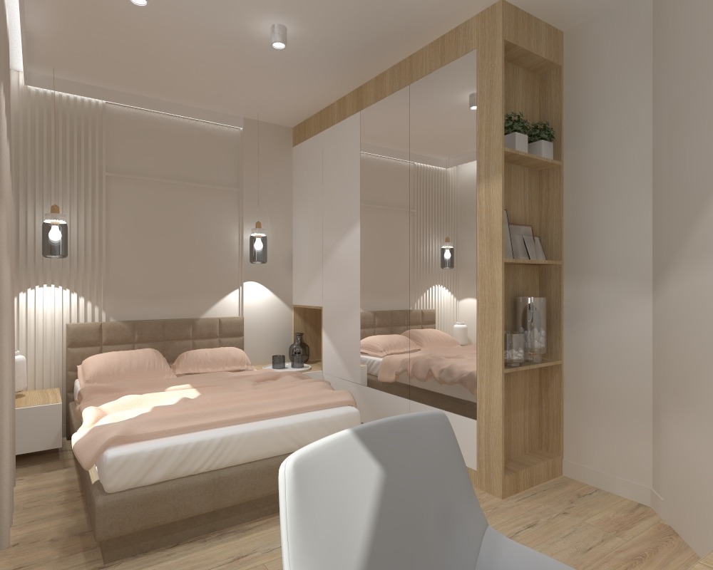 Nowoczesna sypialnia z beżowym łóżkiem, wiszącymi lampami i szafą z lustrzanymi drzwiami oraz drewnianym regałem z dekoracjami.