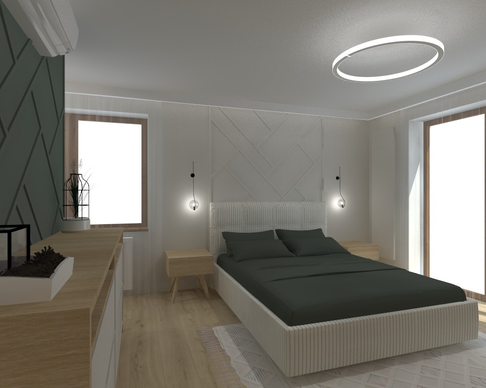 Nowoczesna sypialnia z łóżkiem kontynentalnym, geometryczną ścianą za wezgłowiem, okrągłą lampą sufitową i drewnianą komodą z dekoracjami.