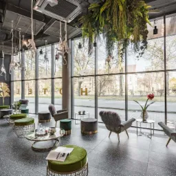 Nowoczesne wnętrze biurowe z fioletową sofą, zielonymi pufami i dekoracjami z roślin i małp zwisających z sufitu, widok przez okno na ulicę.