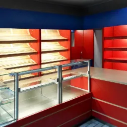 Wnętrze piekarni w Kocierzewie Południowym z czerwonymi regałami na pieczywo, szklaną witryną chłodniczą i jasnym blatem lady.