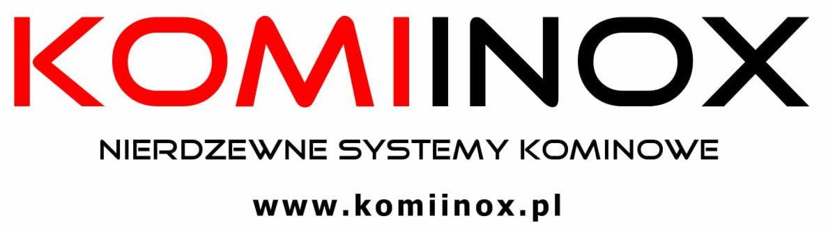 Logo firmy Komiinox prezentujące nierdzewne systemy kominowe wraz z adresem strony internetowej na białym tle.