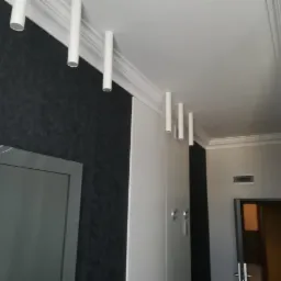 Nowoczesne oświetlenie sufitowe z białymi, cylindrycznymi lampami zwieszonymi na tle czarnej ściany z lustrem i białej ściany z wieszakami, całość wykończona ozdobnymi listwami przysufitowymi.