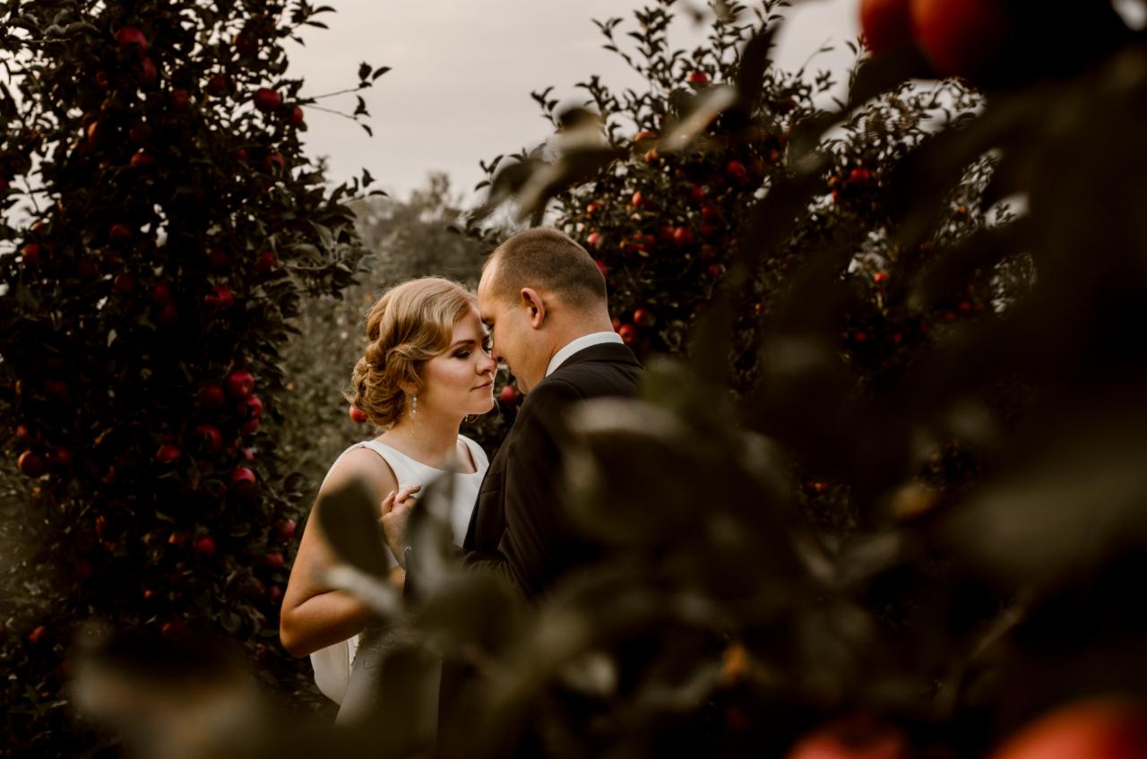 Para młoda w sadzie jabłoniowym, panna młoda z blond włosami i delikatnym makijażem, pan młody w czarnym garniturze, delikatny uścisk dłoni, romantyczny nastrój.