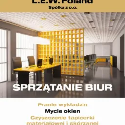 Nowoczesne biuro z żółtymi akcentami i błyszczącą podłogą po sprzątaniu, widoczne logo firmy L.E.W. Poland nad tekstem 'Sprzątanie Biur'.