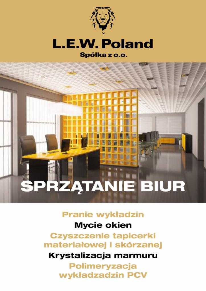 Nowoczesne biuro z żółtymi akcentami i błyszczącą podłogą po sprzątaniu, widoczne logo firmy L.E.W. Poland nad tekstem 'Sprzątanie Biur'.