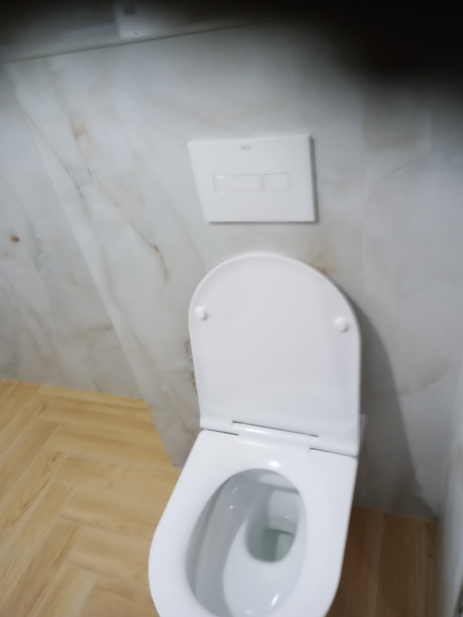 Biała toaleta wisząca z przyciskiem spłukującym na marmurowej ścianie, wykończenie łazienki w Chynowie. Jasne drewniane panele podłogowe.