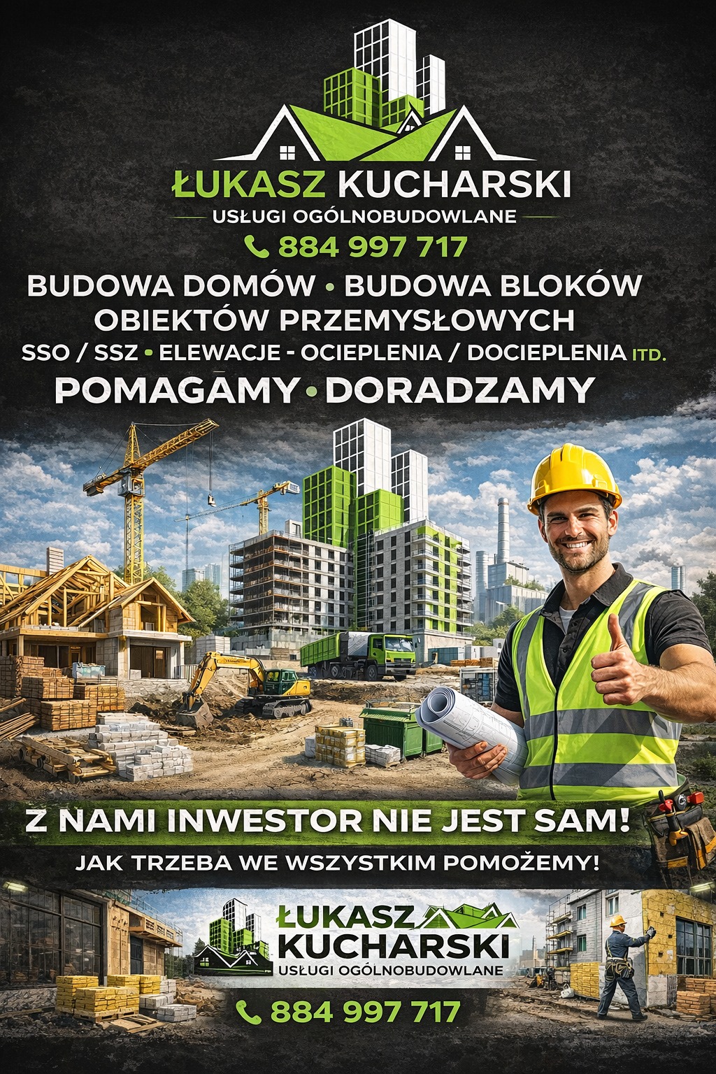 Baner reklamowy firmy budowlanej: Łukasz Kucharski. Budowa domów, bloków, obiektów przemysłowych, elewacje, ocieplenia. Inżynier w kasku trzyma projekt.