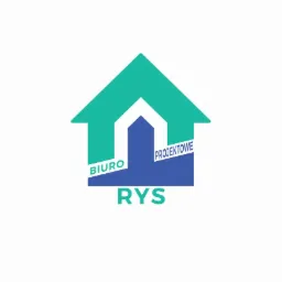 Logo biura projektowego RYS z motywem domu w kolorach turkusowym i granatowym.