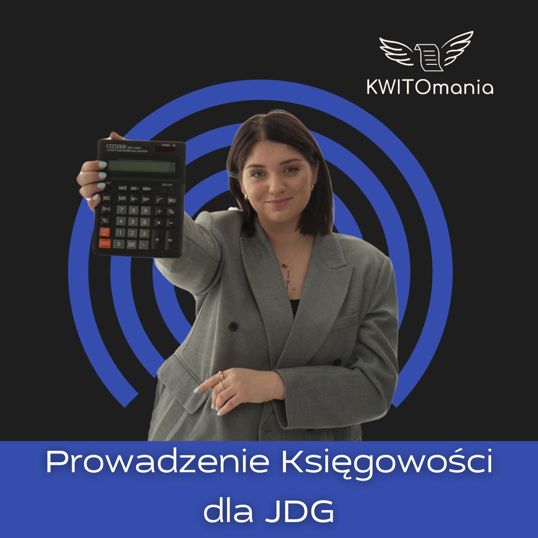 Kobieta w szarym żakiecie prezentuje kalkulator Citizen na tle logo Kwitomania i niebieskich okręgów, z napisem 'Prowadzenie Księgowości dla JDG'.
