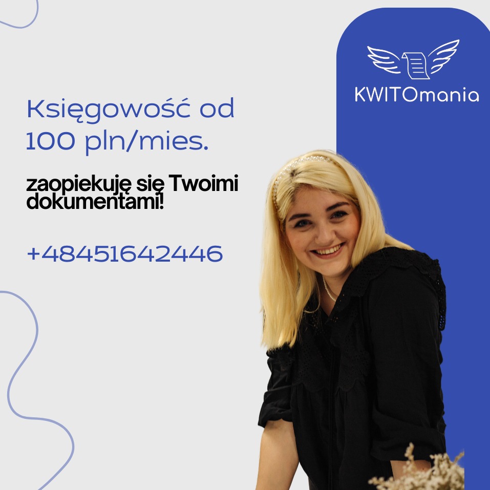 Uśmiechnięta blondynka na reklamie z hasłem 'Księgowość od 100 pln/mies. zaopiekuje się Twoimi dokumentami!' i numerem telefonu, logo firmy w prawym górnym rogu.