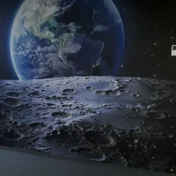 Fototapeta w pokoju przedstawiająca powierzchnię księżyca z widokiem na Ziemię, zamontowana na ścianie i częściowo na podłodze, z widocznym włącznikiem światła na ścianie.