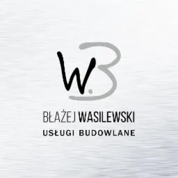 Logo firmy budowlanej Błażej Wasilewski z inicjałami WB w nowoczesnym stylu na tle imitującym szczotkowany metal.