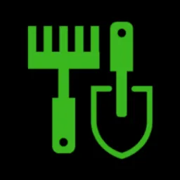 Ikona przedstawiająca zielony widelec ogrodowy i łopatę na czarnym tle.