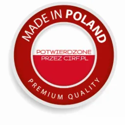 Okrągła etykieta z napisem 'Made in Poland' i 'Premium Quality', z flagą Polski wewnątrz, potwierdzona przez CIRF.PL.