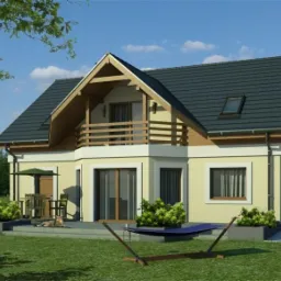 Wizualizacja domu jednorodzinnego z balkonem, tarasem i hamakiem na trawniku. Na tarasie leży kot.