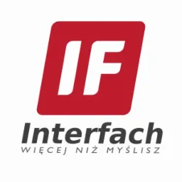 Logo firmy Interfach z czerwonym kwadratem w tle i hasłem 'Więcej niż myślisz'.