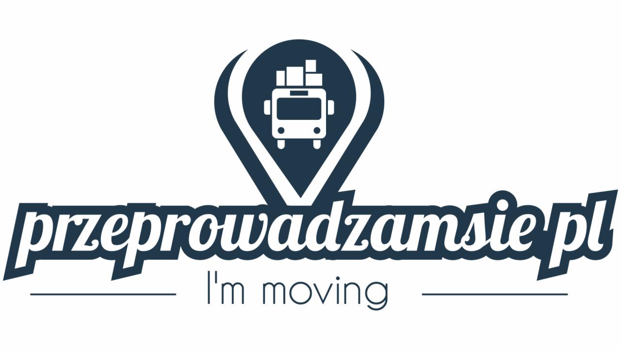 Logo firmy przeprowadzkowej: ciemnoniebieski znacznik lokalizacji z ikoną busa transportowego z paczkami, poniżej nazwa domeny 'przeprowadzamsie.pl' i dopisek 'I'm moving'.