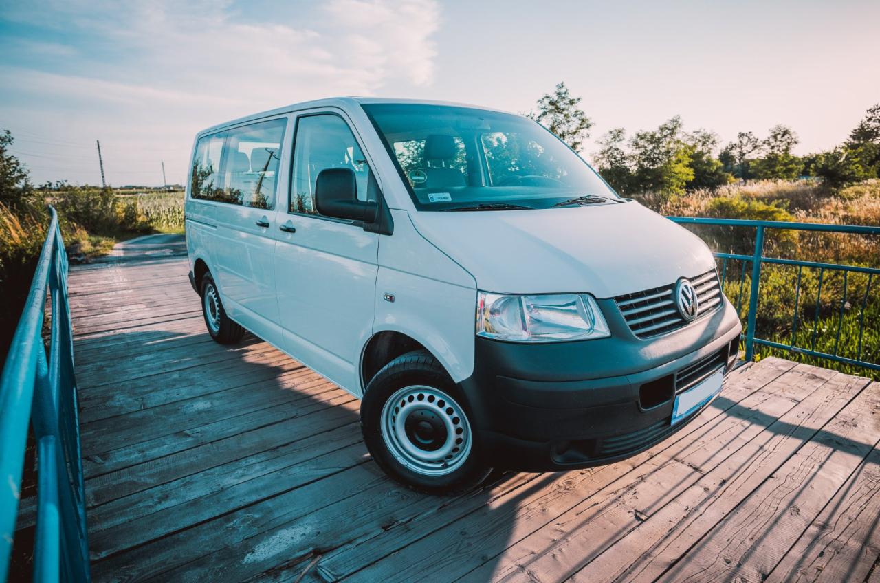 Biały van Volkswagen stoi na drewnianym moście z niebieską barierką, widok z przodu, w tle łąka i drzewa.