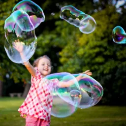 Dziewczynka w różowej koszuli w kratę bawi się dużymi, tęczowymi bańkami mydlanymi na tle zielonego ogrodu.