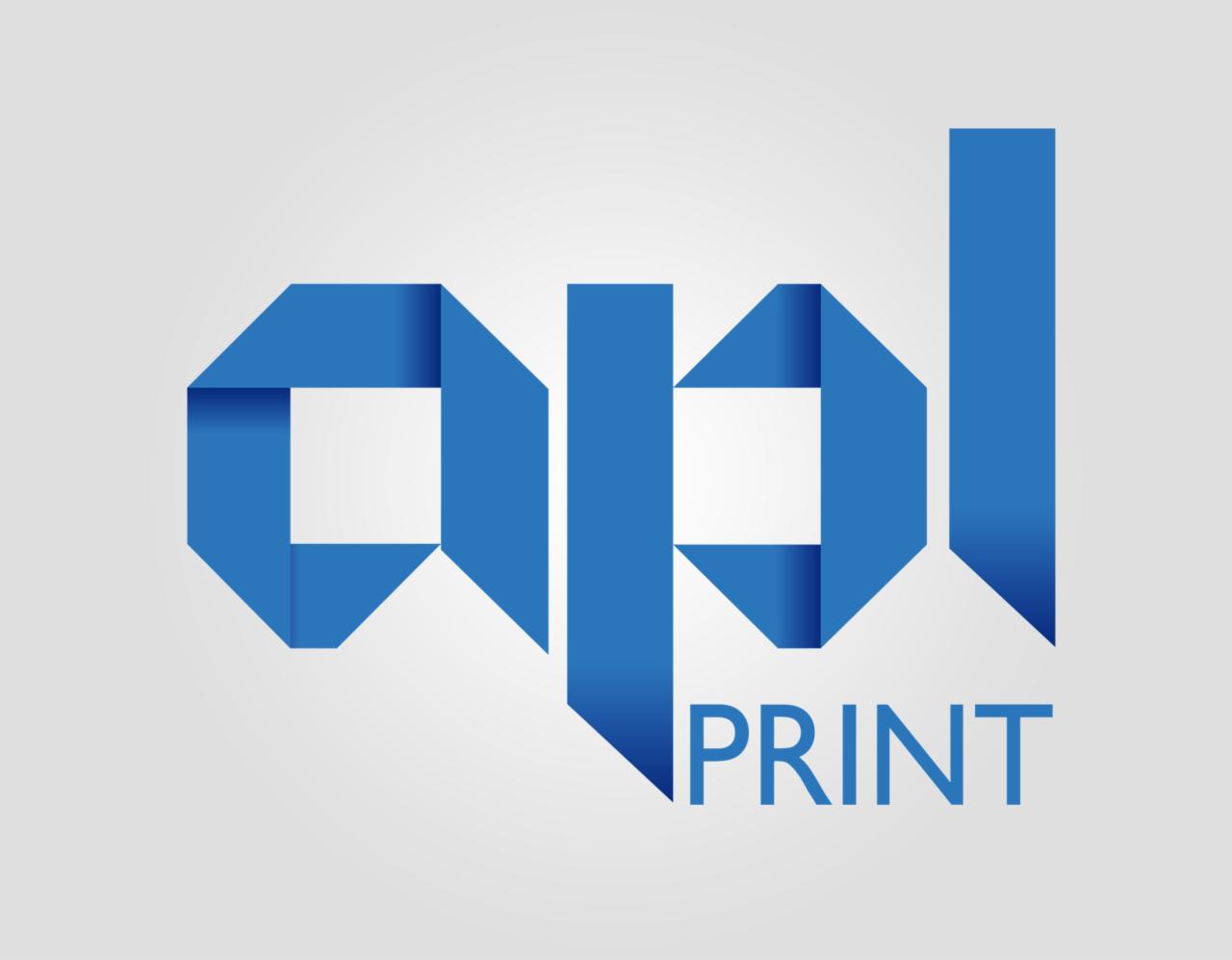 Logo firmy drukarskiej APL PRINT, stylizowane litery z niebieskich pasków na szarym tle.