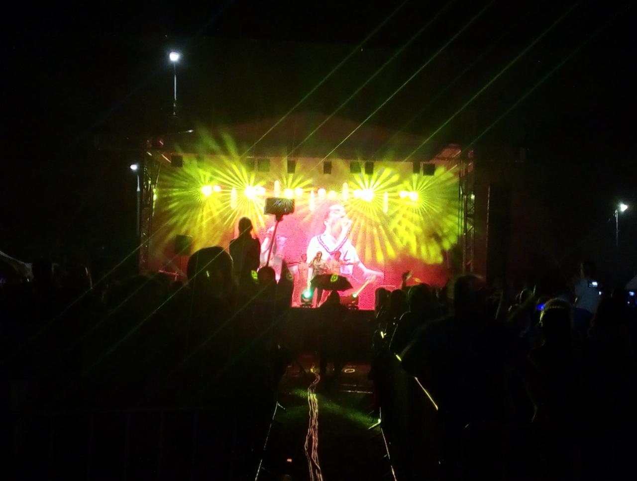 Koncert na scenie z intensywnym oświetleniem i laserami, widoczna sylwetka muzyka i publiczność w ciemności.