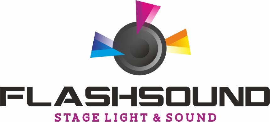 Logo firmy Flashsound z Iławy, specjalizującej się w nagłośnieniu i oświetleniu scenicznym. Widoczny symbol graficzny z okrągłym elementem centralnym i kolorowymi trójkątami oraz napis 'FLASHOUND...