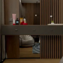 Nowoczesna toaletka w sypialni z ciemnego drewna z szufladami i kosmetykami, odbijająca pufę i dywan w lustrze, minimalistyczny design, oświetlenie punktowe.