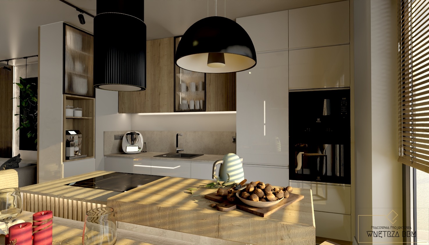 Wizualizacja nowoczesnej kuchni z wyspą, drewnianymi akcentami i oświetleniem punktowym. Na pierwszym planie misa z orzechami i czajnik w pastelowym kolorze.