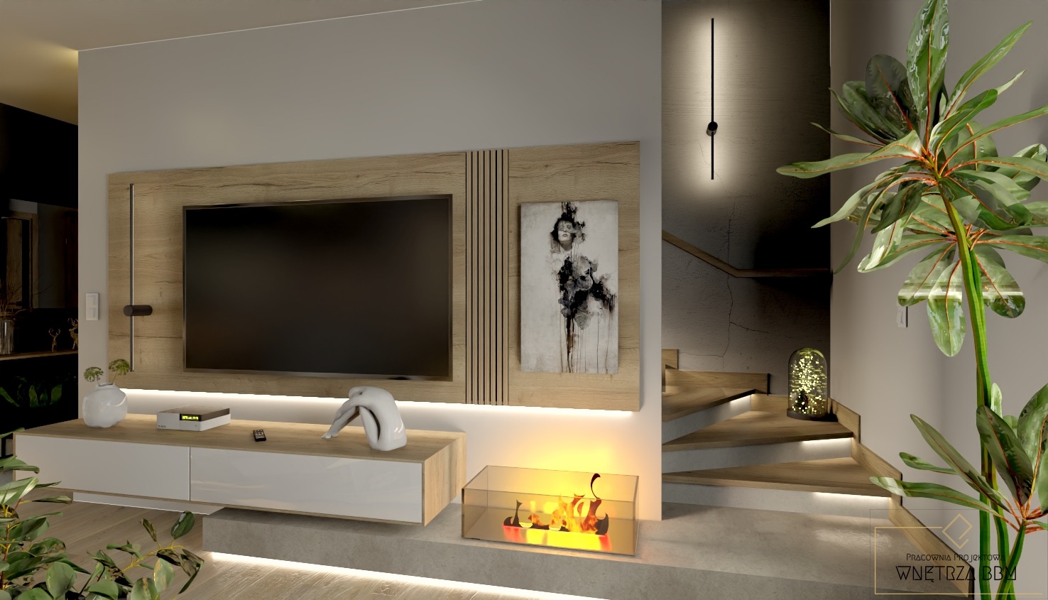 Nowoczesny salon z telewizorem, biokominkiem i schodami w tle, oświetlenie LED podkreśla minimalistyczny design.