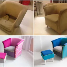 Kolaż czterech zdjęć foteli: dwa stare fotele w beżowym odcieniu przed i po renowacji tapicerskiej oraz dwa odnowione fotele w odcieniach różu i fioletu oraz błękitu i turkusu z dopasowanymi pufami.