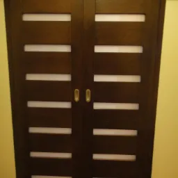 Ciemnobrązowe skrzydła z poziomymi, mlecznymi przeszkleniami, zamontowane jako system przesuwny z górną szyną.