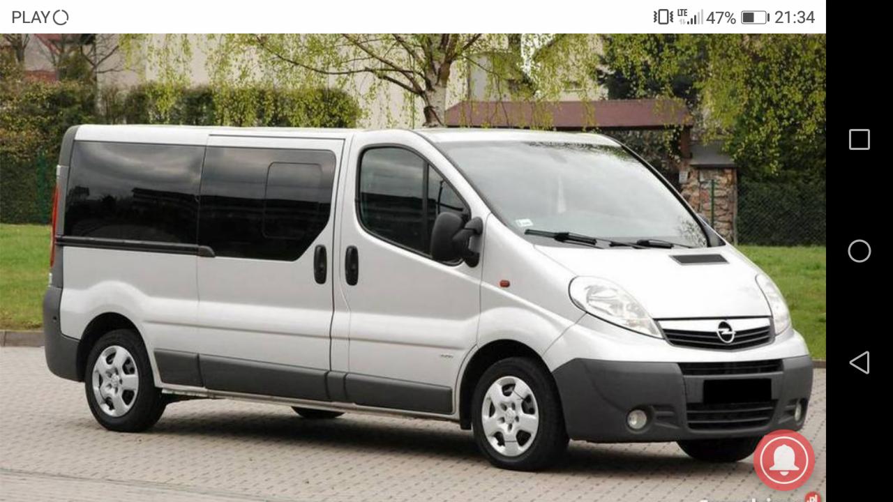 Srebrny Opel Vivaro z przyciemnianymi szybami zaparkowany na kostce brukowej przed zielonym trawnikiem i drzewami.