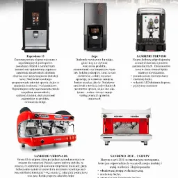 Kompilacja zdjęć ekspresów do kawy różnych marek i modeli, w tym automatycznych i kolbowych, przeznaczonych do użytku domowego, biurowego i gastronomicznego, z opisami funkcjonalności.