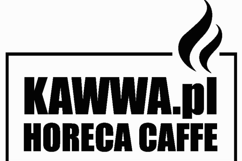 Logo firmy KAWWA.pl HORECA CAFFE w czarno-białej grafice, z elementem graficznym przypominającym płomień nad napisem, umieszczone w prostokątnej ramce.