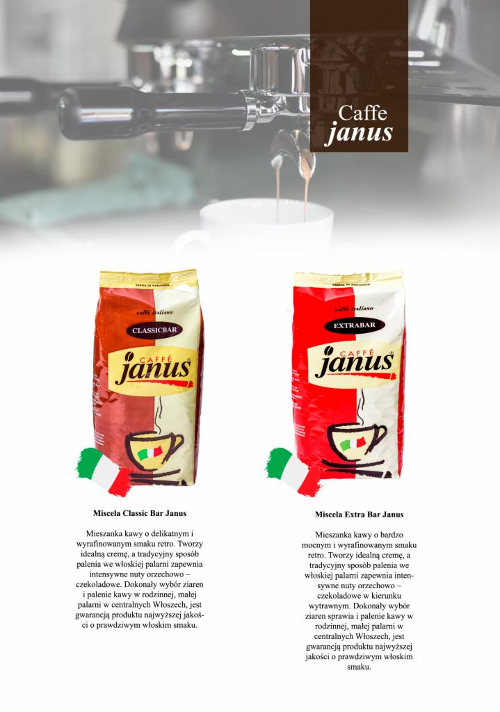 Dwa opakowania kawy Caffe Janus, Classic Bar i Extra Bar, na tle ekspresu do kawy i filiżanki z parującą kawą. Zdjęcie wykonane prawdopodobnie w Żyrardowie.