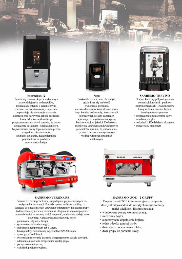 Kompilacja zdjęć ekspresów do kawy różnych marek i modeli, w tym automatycznych i kolbowych, przeznaczonych do użytku domowego, biurowego i gastronomicznego, z opisami funkcjonalności.