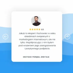 Referencja klienta: Jakub, ekspert od marketingu internetowego, ocena 5/5, rekomendacja Krzysztofa Poręby z Digitalk.