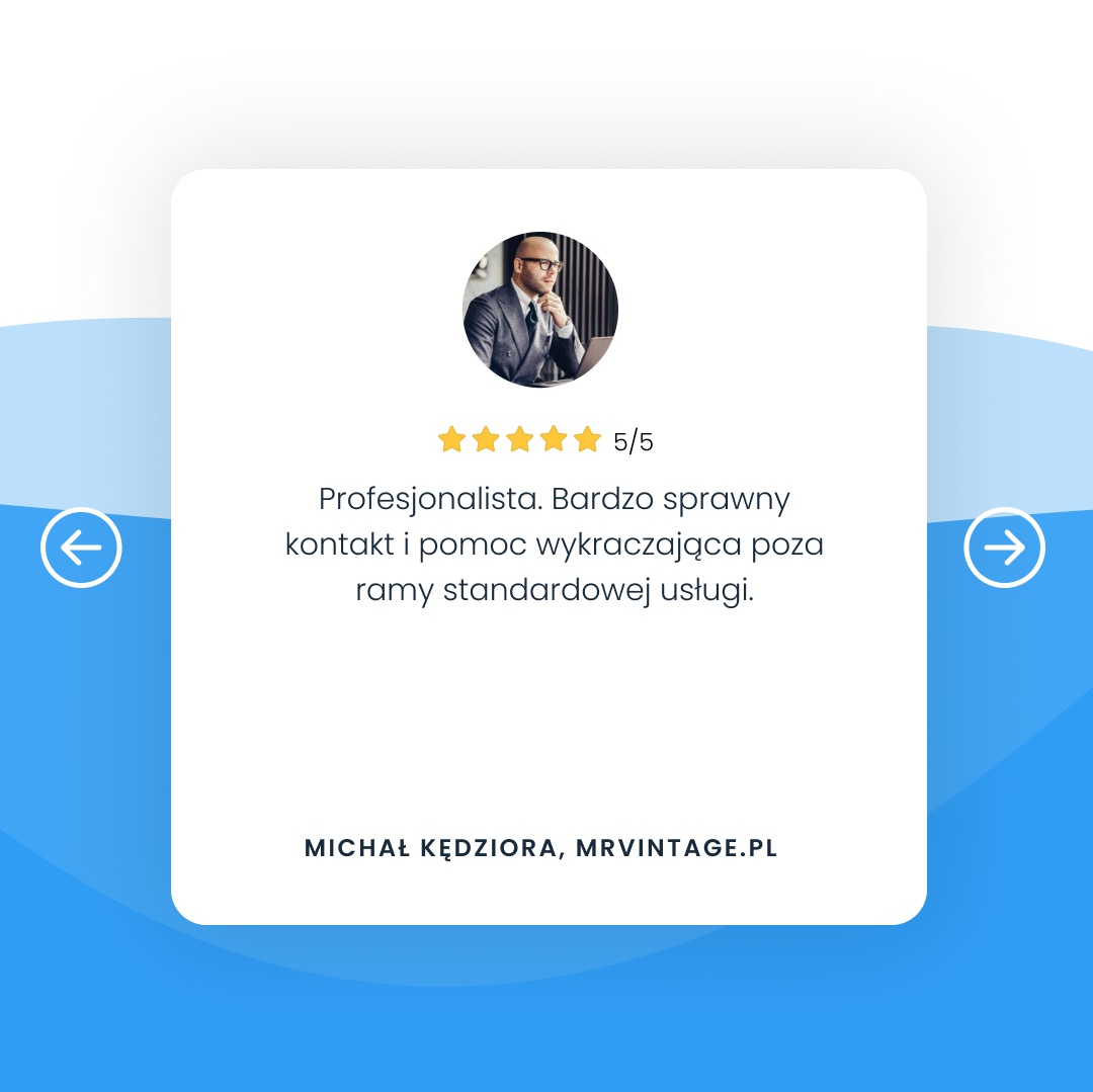 Opinia klienta: Michał Kędziora, Mrvintage.pl, ocena 5/5, profesjonalny kontakt i pomoc wykraczająca poza standardową usługę.